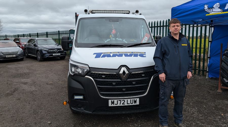 tyre technician Asley Stevenson with a Tannic white van
