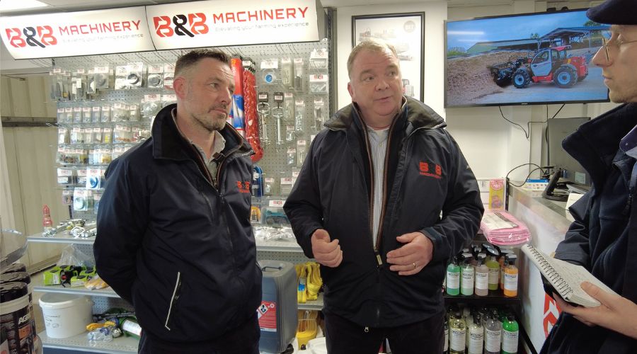 B&B’s Manitou sales specialists, James Richardson and Dave Chambers, talking to reporter Daniel Hodge